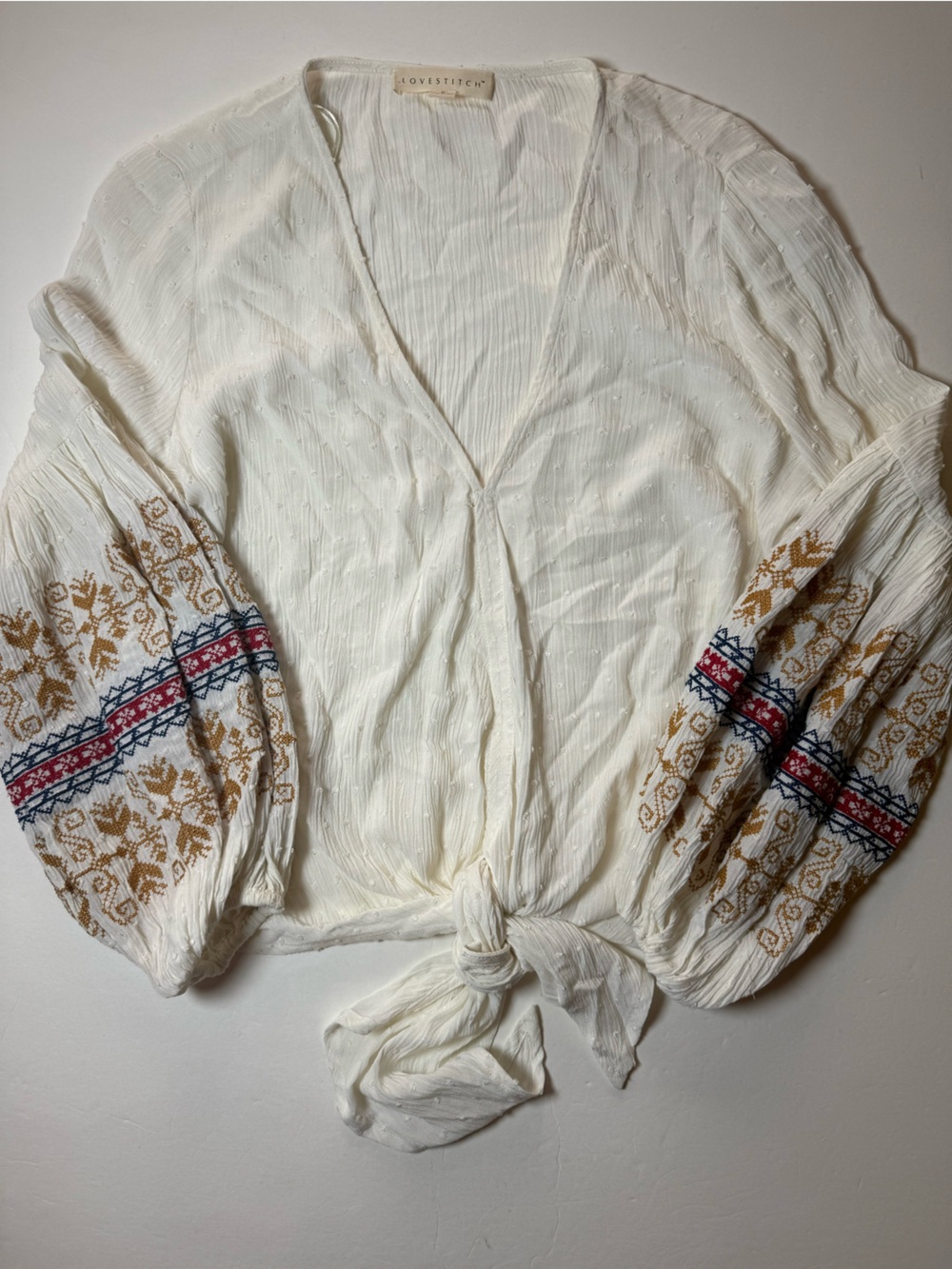 Lovestitch Embroidered Puff Sleeve Tie Boho Blouse Ivory Small